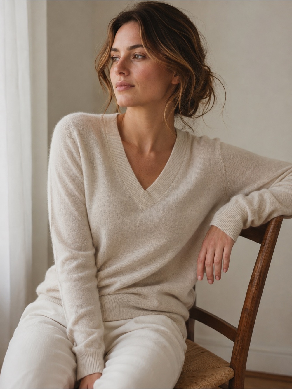 Aqua Cashmere Sweater V-Neck-Winter White- Small